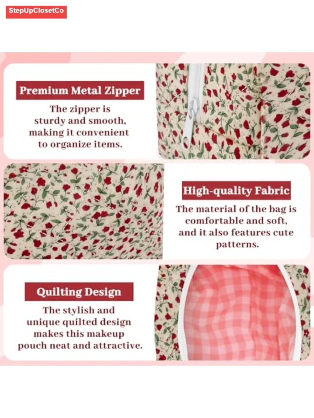 Quilted Cotton Floral Makeup Bag Organizer Travel Toiletry Pouch